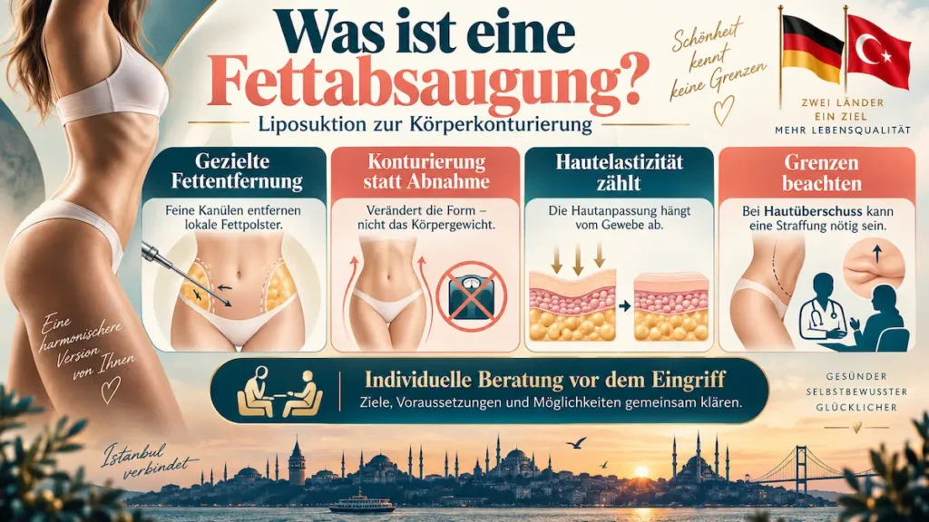 Fettabsaugung Türkei: Infografik zur Liposuktion, gezielten Fettentfernung, Hautelastizität und den Grenzen der Körperkonturierung.