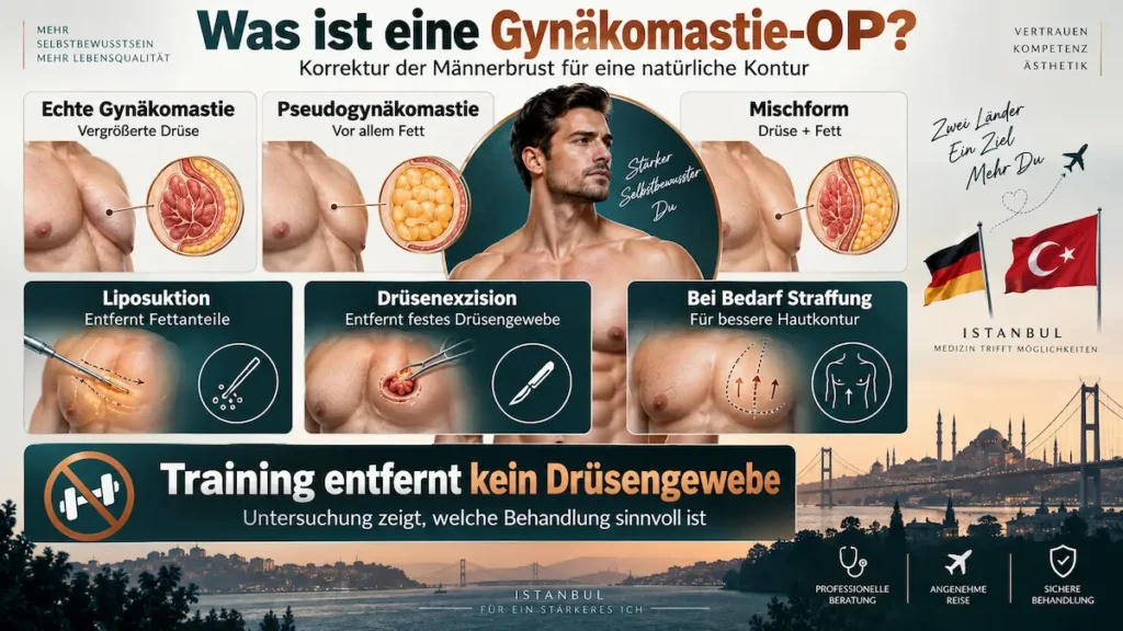 Infografik zur Gynäkomastie-OP: Drüsen- und Fettgewebe, Liposuktion, Drüsenexzision und ergänzende Hautstraffung.