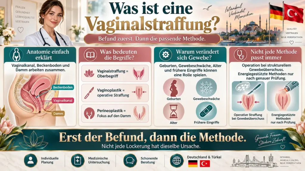 Infografik zur Vaginalstraffung in der Türkei: Anatomie von Vaginalkanal, Beckenboden und Damm sowie mögliche Methoden.