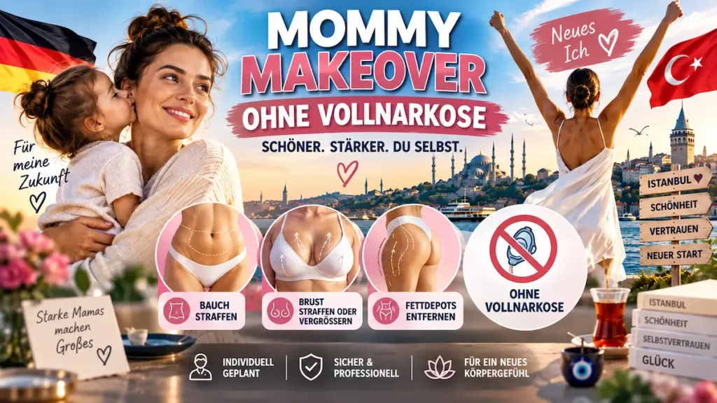 Mommy Makeover ohne Vollnarkose: Mutter mit Kind vor Istanbul und Symbole für Bauch-, Brust- und Körperkorrekturen.