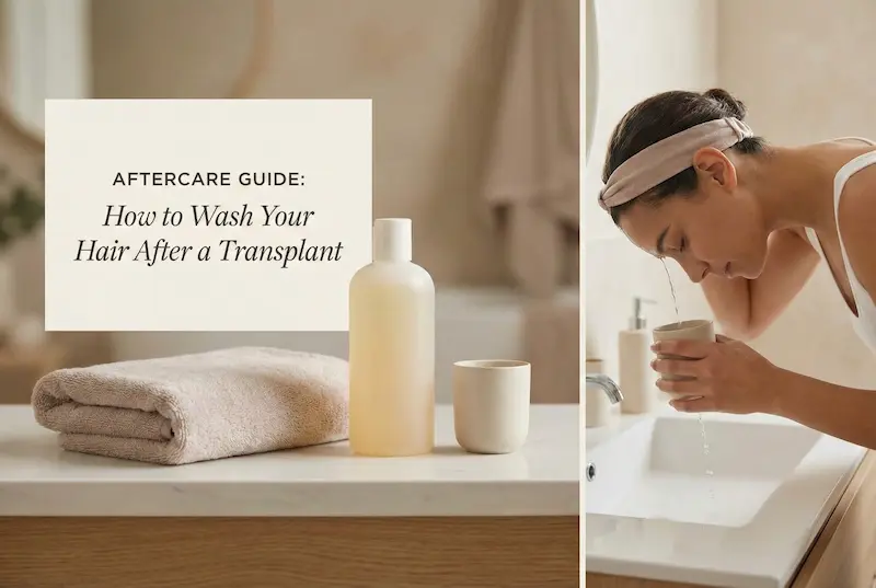 Person gently rinsing hair over a sink, illustrating washing hair after transplant aftercare with low-pressure water.