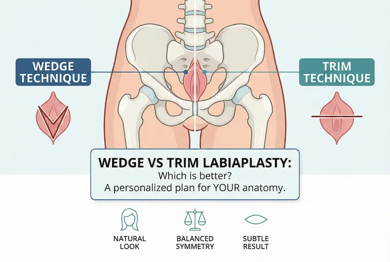 Wedge vs trim Labiaplasty infographic showing technique concepts and why the best choice depends on anatomy.