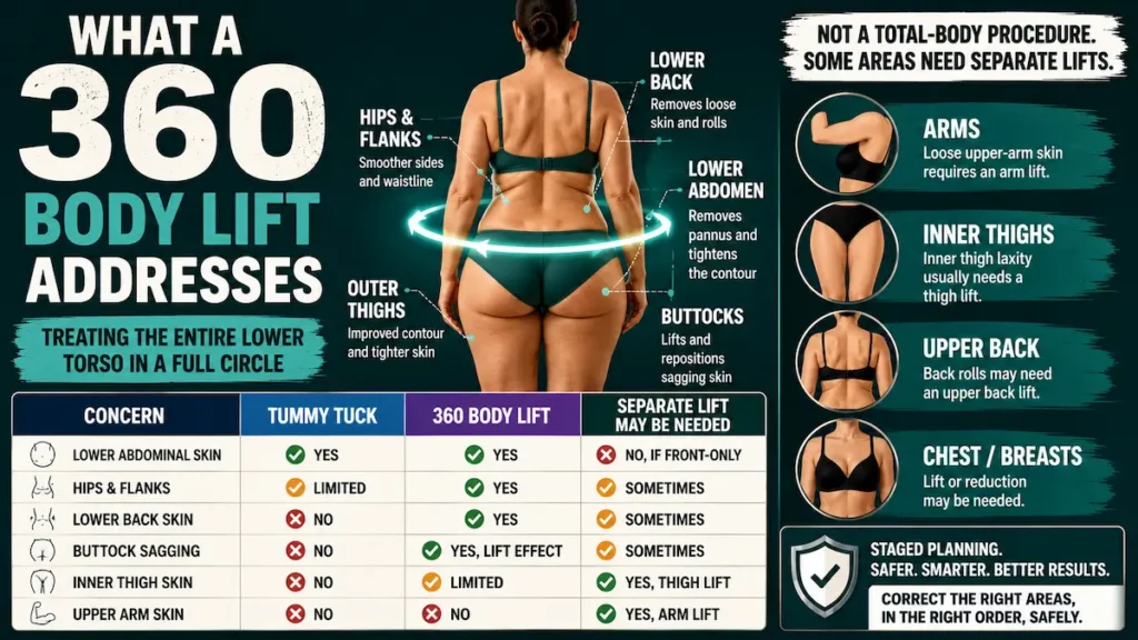 360 body lift treatment areas showing lower abdomen, hips, flanks, lower back, buttocks, and outer thighs.