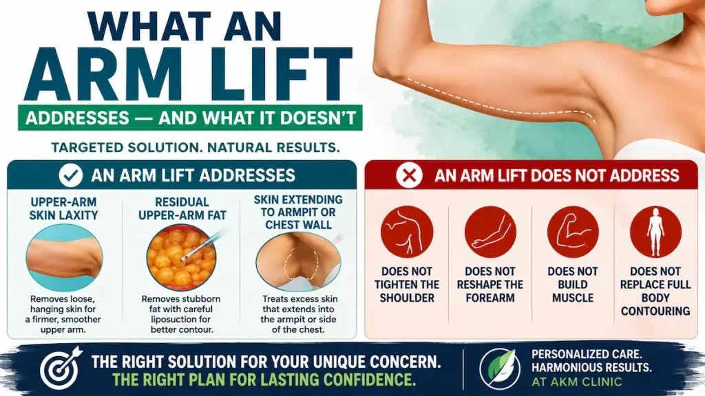 Arm lift infographic showing upper-arm skin laxity, residual fat, and what brachioplasty does not address.