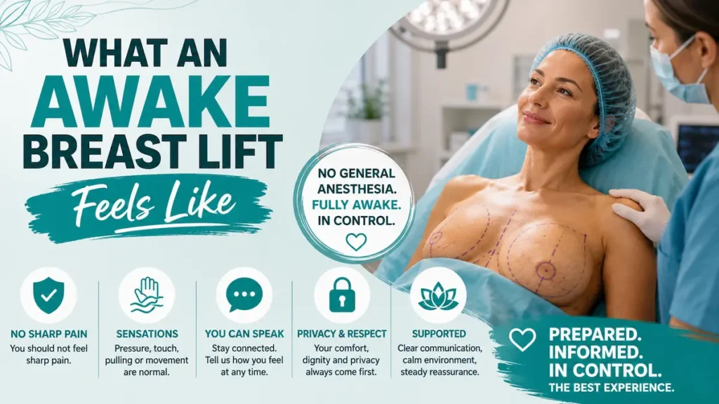 Awake breast lift patient under pure local anesthesia, showing comfort, communication, privacy and no sharp pain during surgery.