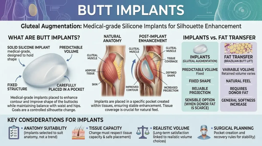 Butt Implants procedure infographic showing gluteal implant placement anatomy and implants vs fat transfer comparison