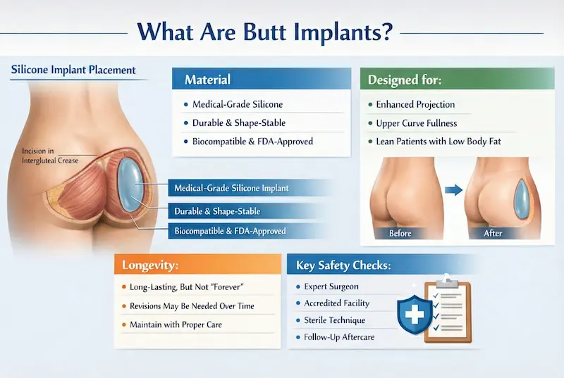 Butt Implants infographic explaining silicone implant placement, materials, ideal candidates, longevity, and safety checks