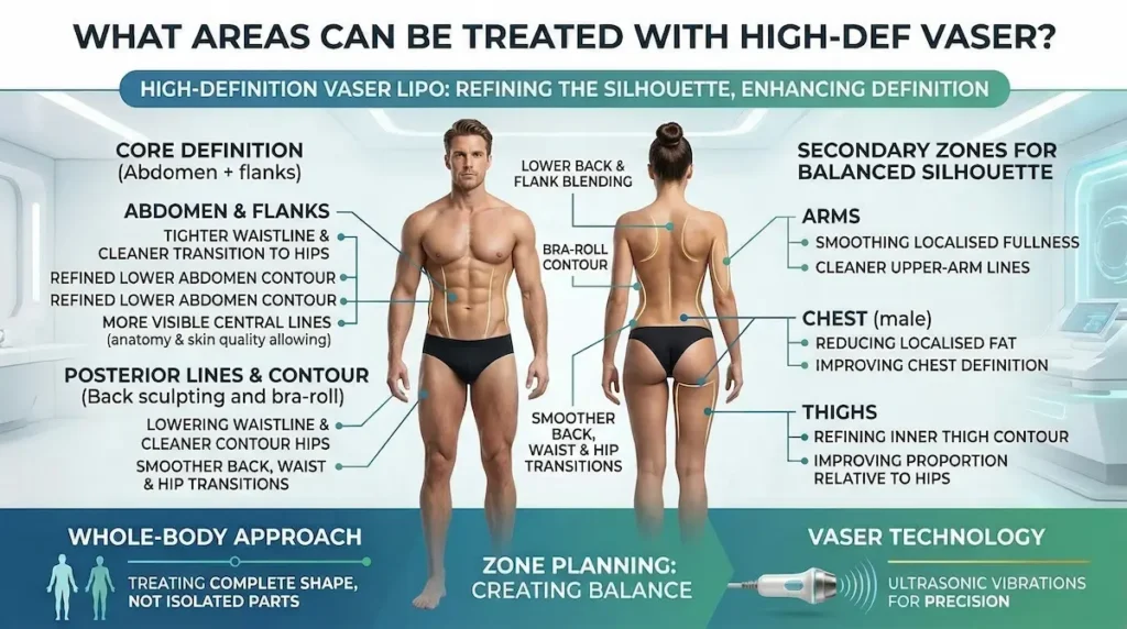 High Def Vaser Liposuction treatment areas diagram showing abdomen, flanks, back sculpting, arms, male chest and thighs.