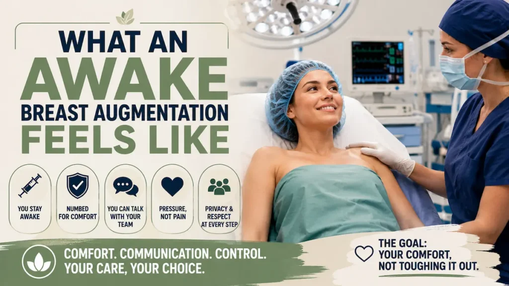 Awake Breast Augmentation patient under local anesthesia communicating with nurse during a comfortable breast implant procedure.