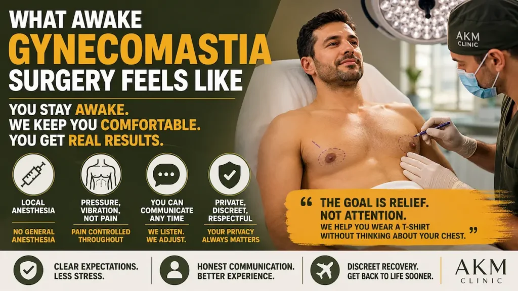 Awake gynecomastia surgery patient under local anesthesia with chest markings during male breast reduction.