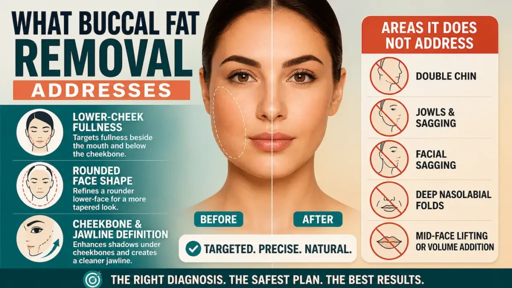 Buccal fat removal infographic showing lower-cheek fullness, rounded face shape, cheekbone definition, and areas it does not treat.
