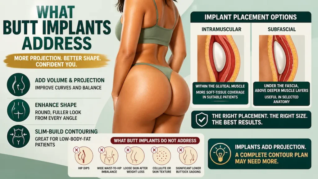 Butt implants infographic showing gluteal projection, implant placement options and what butt implants address