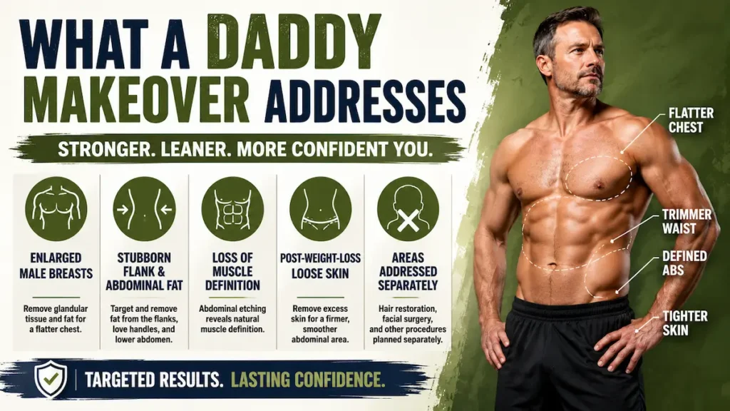 Daddy Makeover areas addressed, including enlarged male breasts, stubborn abdominal fat, loose skin, and muscle definition.