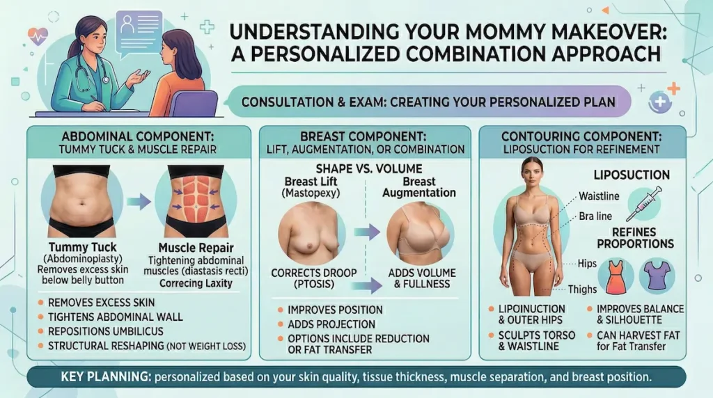 Mommy makeover infographic showing tummy tuck with muscle repair, breast lift/augmentation options, and liposuction contouring.