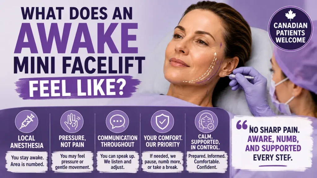 Awake Mini Facelift comfort guide showing local anesthesia, pressure without sharp pain, and patient communication.