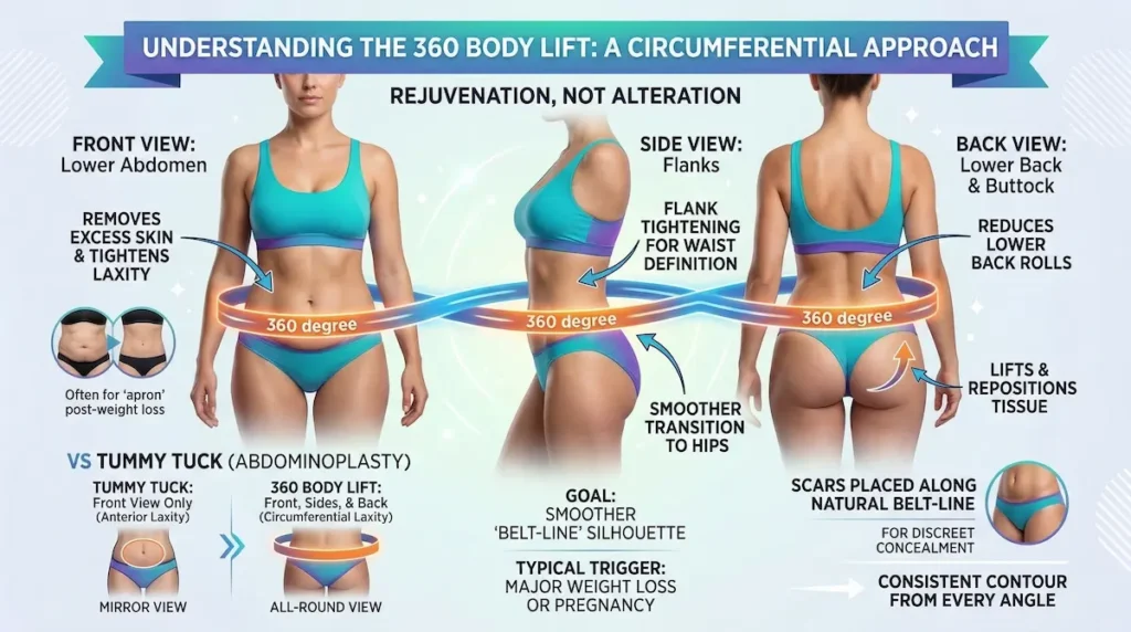 360 Body Lift infographic showing front, side and back views, belt-line scar placement, and contour changes.