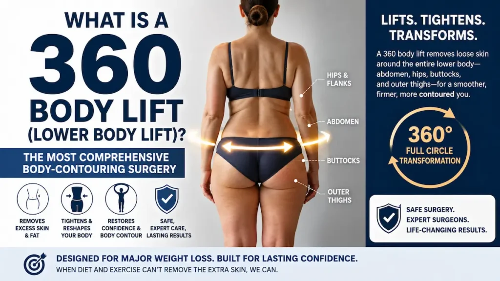 360 body lift infographic showing lower body lift treatment areas: abdomen, hips, flanks, buttocks, and outer thighs.