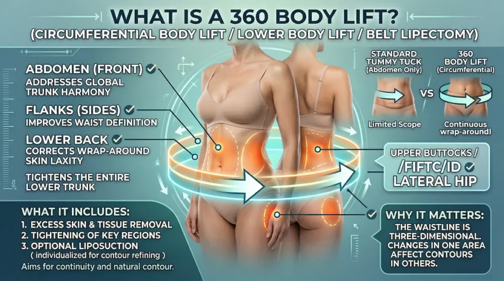 360 body lift infographic showing circumferential lower trunk contouring of the abdomen, flanks, lower back, and upper buttocks compared with a tummy tuck.