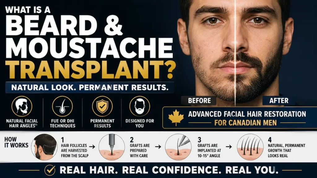 Beard transplant infographic showing FUE or DHI moustache and facial hair restoration for Canadian men