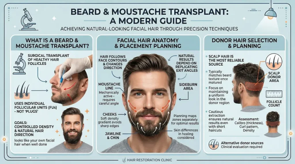 Infographic explaining what a Beard Moustache Transplant involves: donor hair selection, facial anatomy, and precise placement angles.