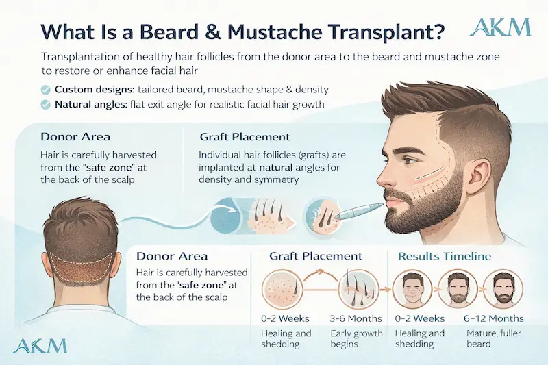 Beard Mustache Transplant infographic showing donor harvesting, graft placement, and a 0–12 month results timeline.