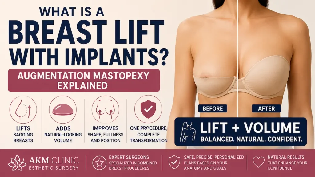 Breast lift with implants illustration showing sagging correction and augmentation mastopexy results for Canadians.