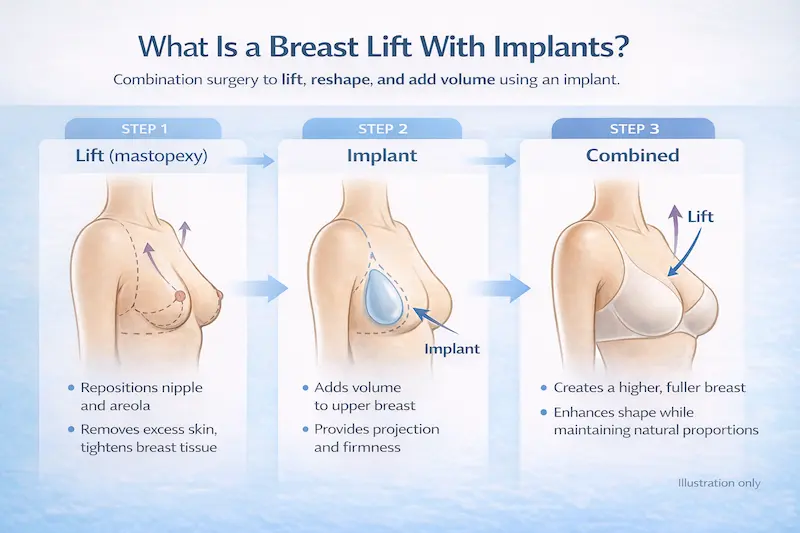 What Is a Breast Lift With Implants infographic showing lift (mastopexy), implant placement, and combined result.