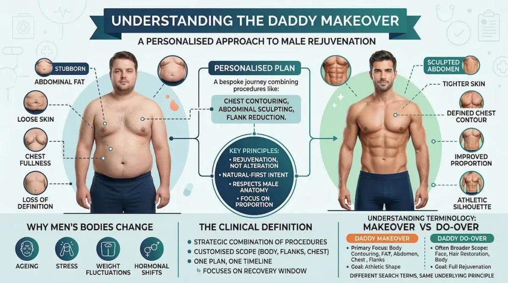 Daddy Makeover infographic showing before-and-after male body contouring, targeting abdominal fat, loose skin, and chest fullness.