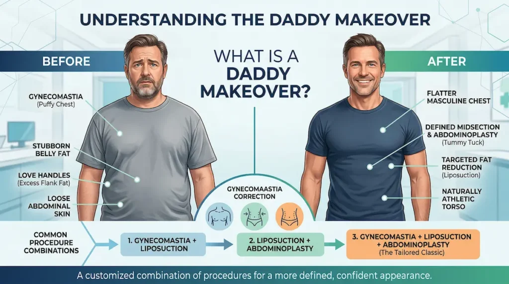 Daddy makeover infographic showing before-and-after results with gynecomastia correction, liposuction, and tummy tuck.