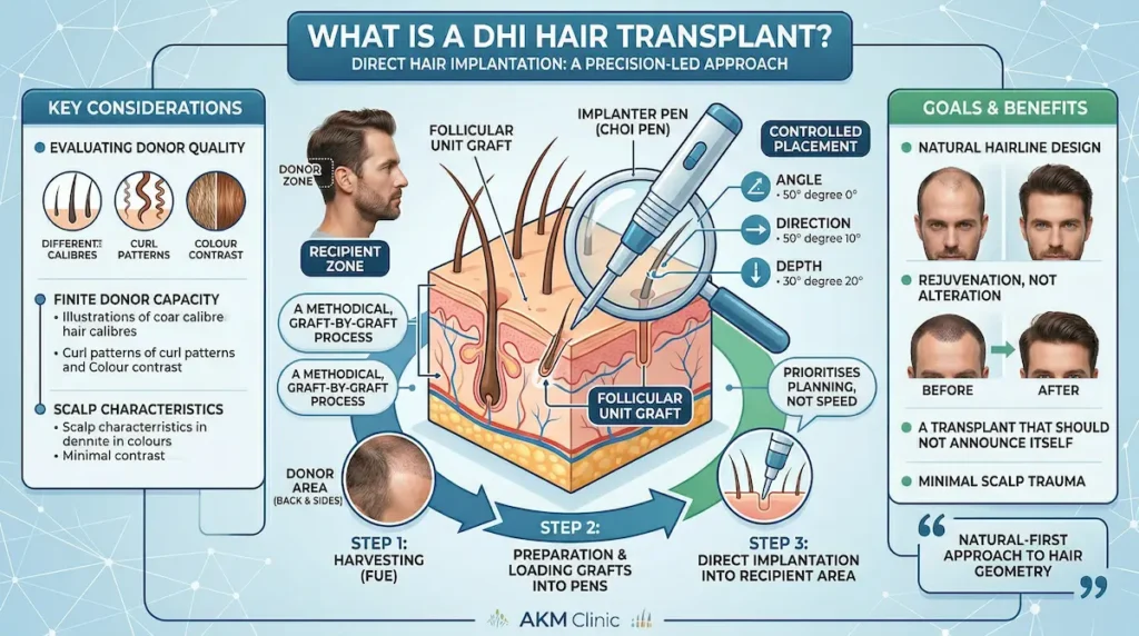 DHI Hair Transplant infographic showing Direct Hair Implantation with Choi pen, graft placement angle, depth, and direction.
