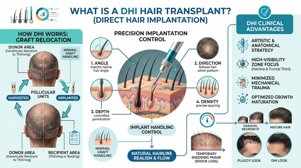 DHI hair transplant infographic explaining direct hair implantation, graft relocation from donor to recipient, and precise angle, direction, depth, and density control.