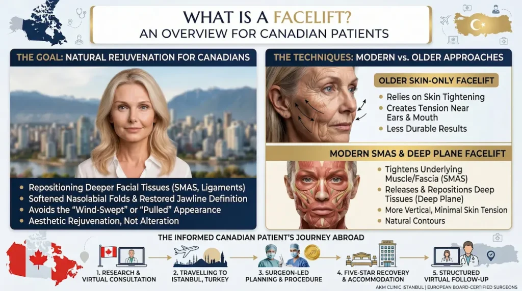 What is a Facelift Surgery? Diagram showing SMAS and deep plane facelift benefits for Canadian patients.