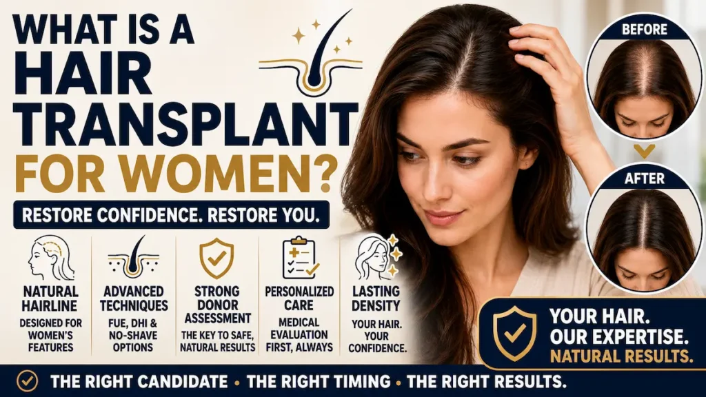 Hair transplant for women infographic showing natural hairline design, donor assessment, no-shave FUE and DHI options, and before-after density improvement.