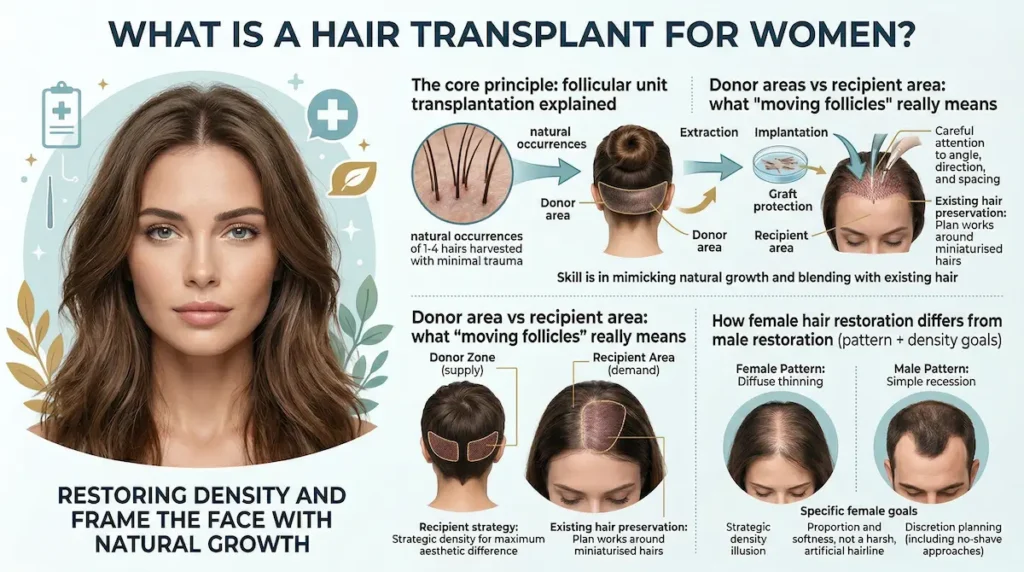 Hair Transplant For Women infographic explaining follicular unit transplantation, donor vs recipient areas, and natural density planning.