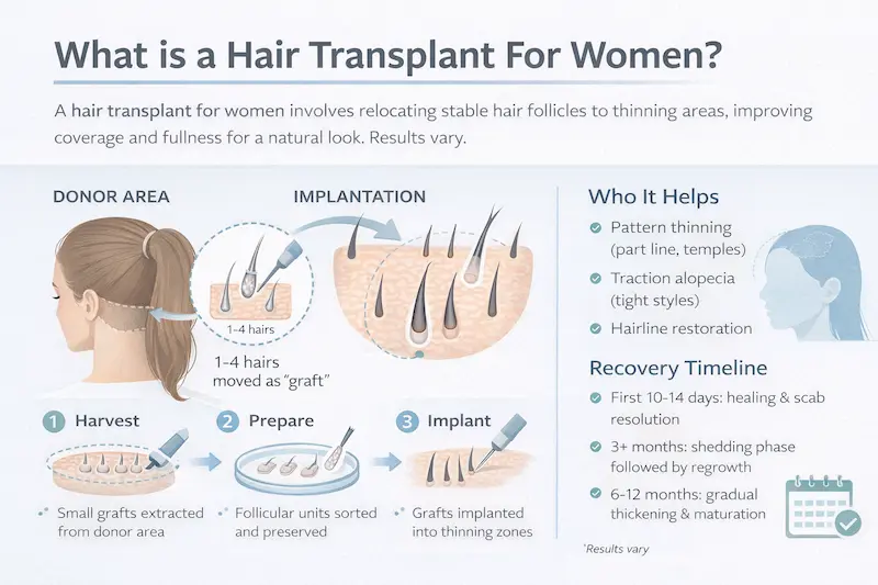 What Is a Hair Transplant For Women infographic explaining donor hair extraction, graft preparation, implantation, and expected recovery timeline.