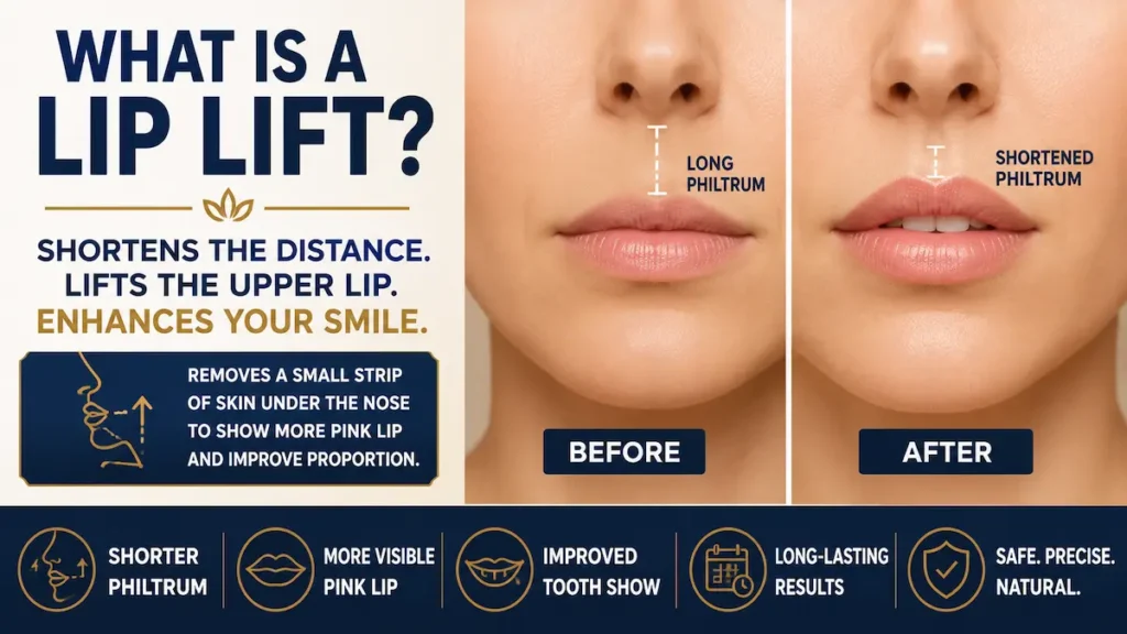 Lip lift in Turkey infographic showing long vs shortened philtrum, upper lip lift, and improved tooth show.