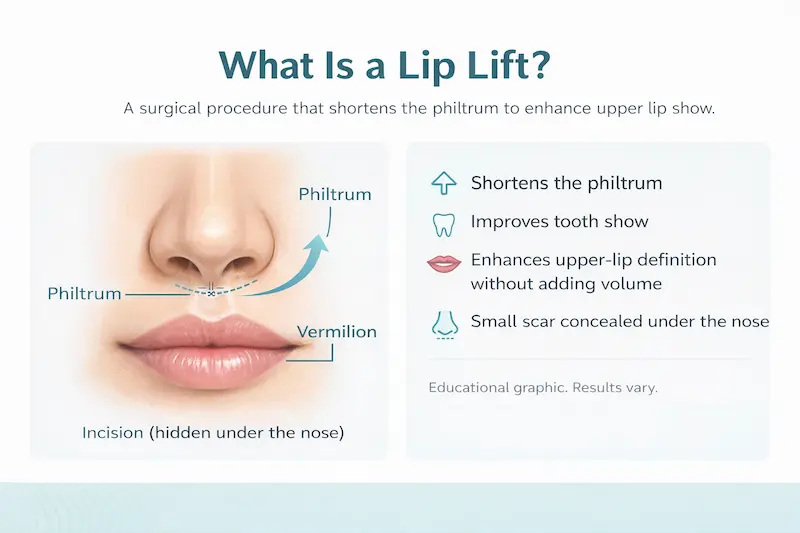 Lip lift infographic showing philtrum shortening, increased tooth show, enhanced vermilion, and a small incision hidden under the nose.
