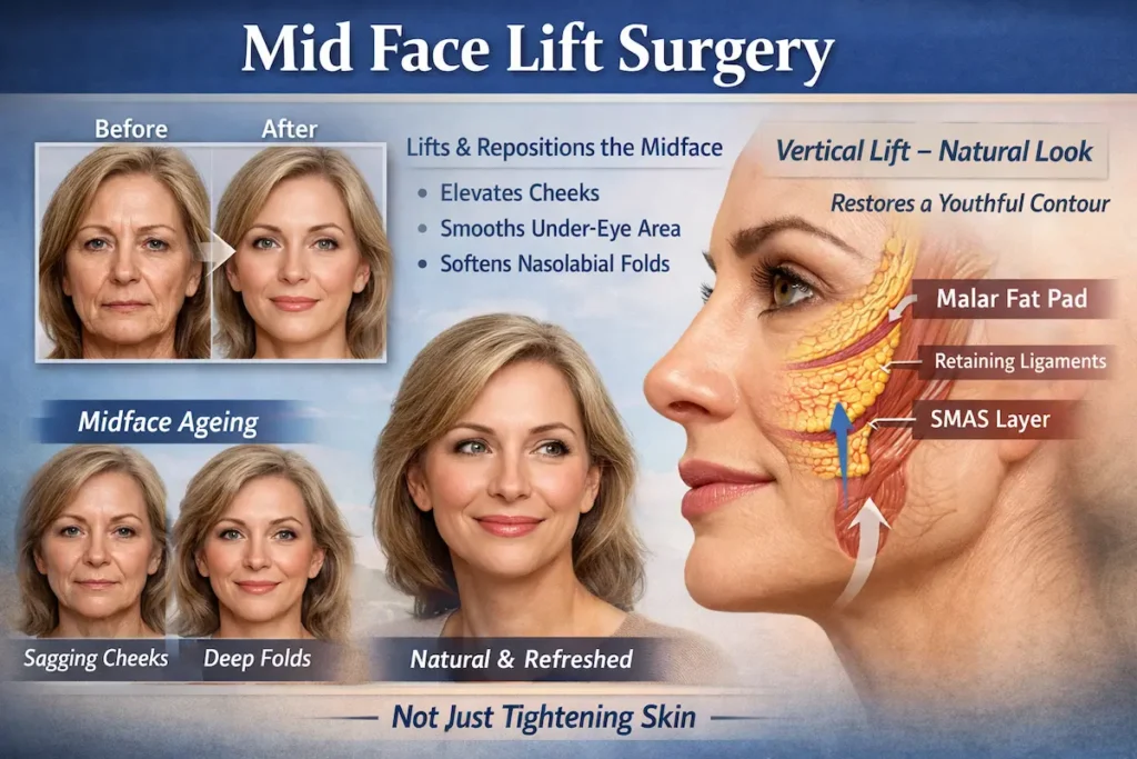 Mid Face Lift diagram showing before and after changes, vertical lift direction, and midface anatomy including the malar fat pad, retaining ligaments, and SMAS layer.