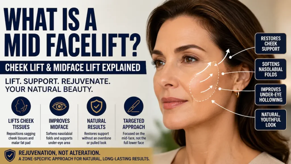 Mid facelift diagram showing cheek lift vectors, cheek support, nasolabial fold softening and under-eye hollowing.