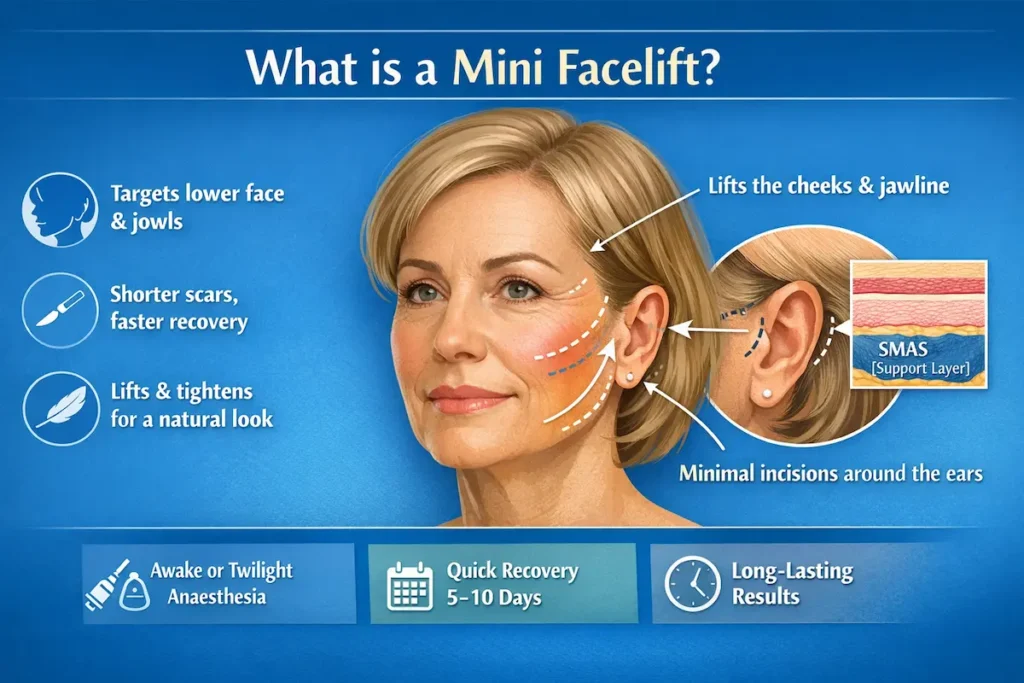Mini Facelift infographic showing lower-face lift areas, SMAS support layer and discreet incisions around the ears.