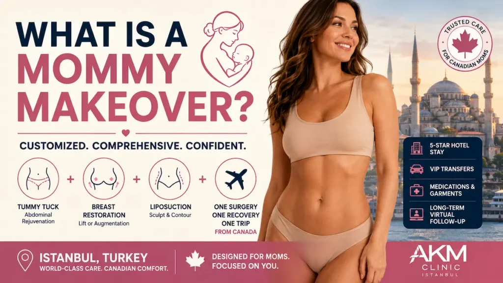 Mommy Makeover guide for Canadian mothers showing tummy tuck, breast restoration, liposuction, and Istanbul care.