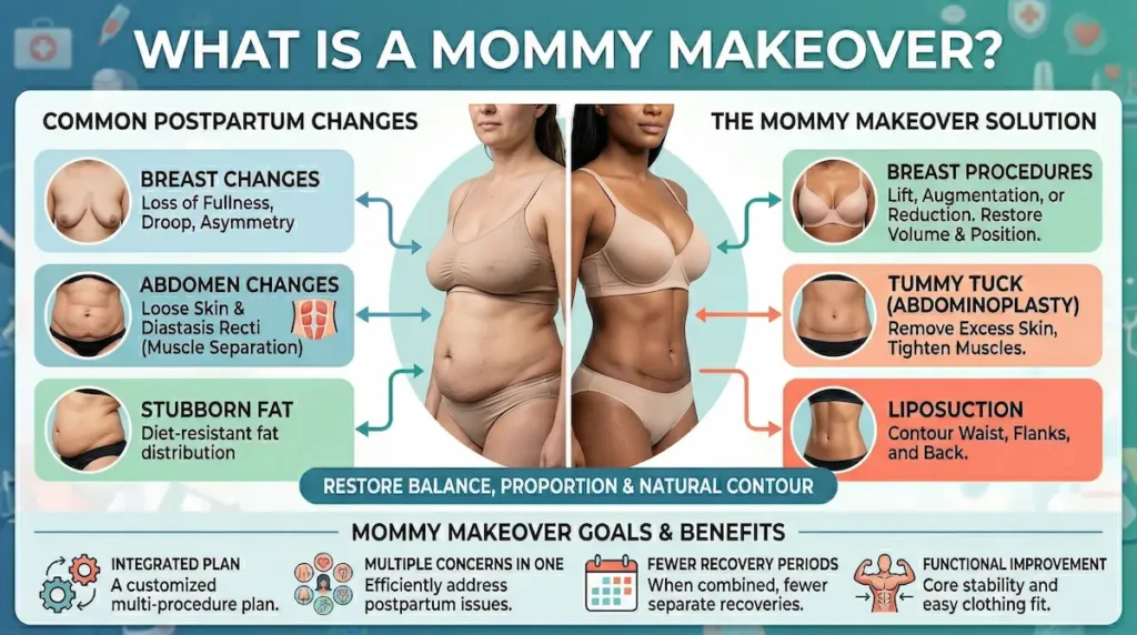 Mommy makeover infographic showing postpartum changes and key procedures: breast surgery, tummy tuck (abdominoplasty), and liposuction.