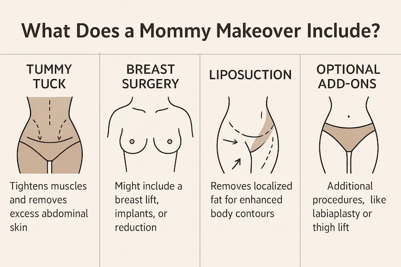 What is a mommy makeover infographic showing mommy makeover inclusions like tummy tuck, breast surgery, liposuction and optional add-on procedures