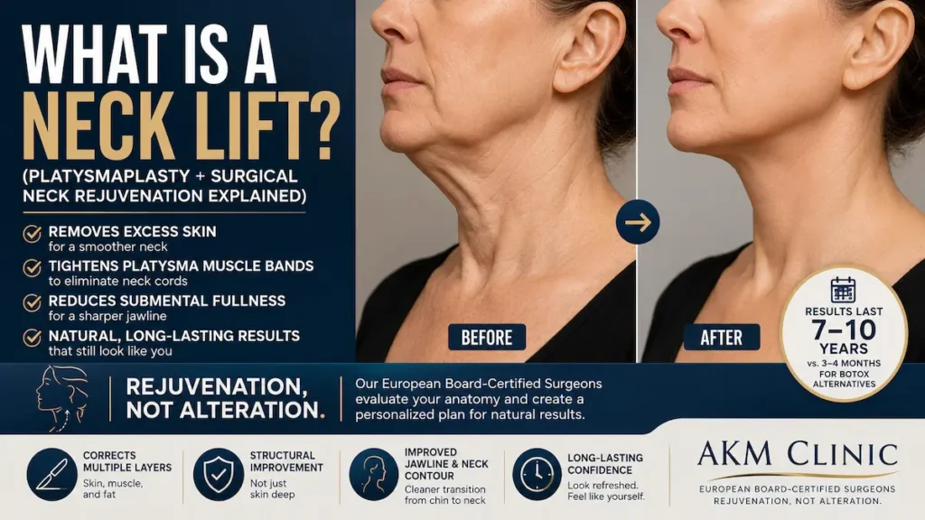 Neck lift infographic showing platysmaplasty, before and after neck contour, and long-lasting surgical neck rejuvenation.