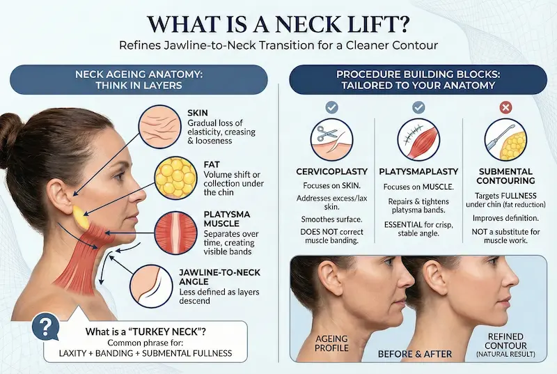 Neck Lift infographic explaining neck ageing layers, cervicoplasty, platysmaplasty and submental contouring with before-and-after profile