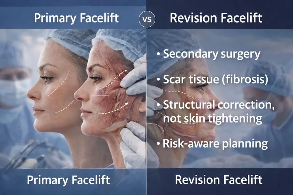 Revision Facelift infographic comparing primary facelift vs revision: fibrosis, structural correction, and risk-aware planning.