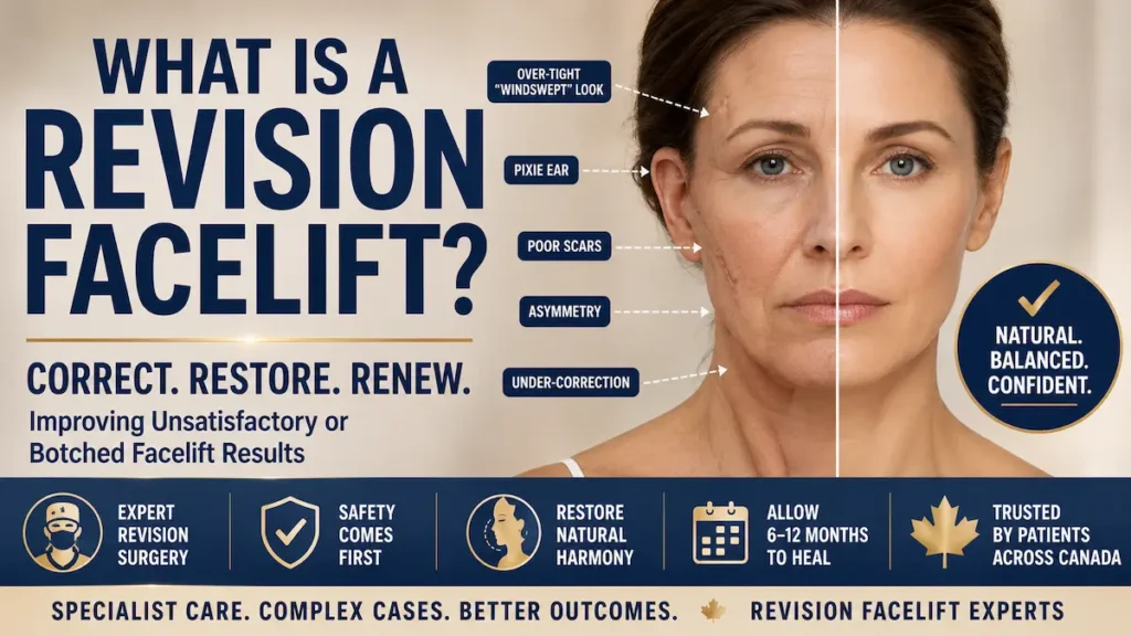 Revision facelift graphic showing pixie ear, poor scars, asymmetry and under-correction for Canadian patients.