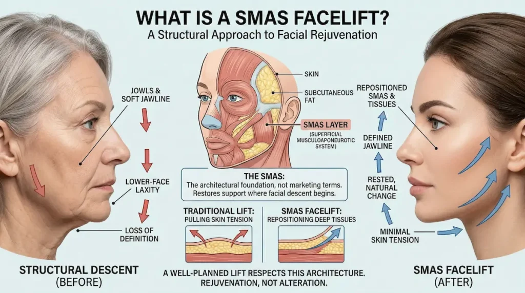 SMAS Facelift diagram showing SMAS layer repositioning for a defined jawline with minimal skin tension