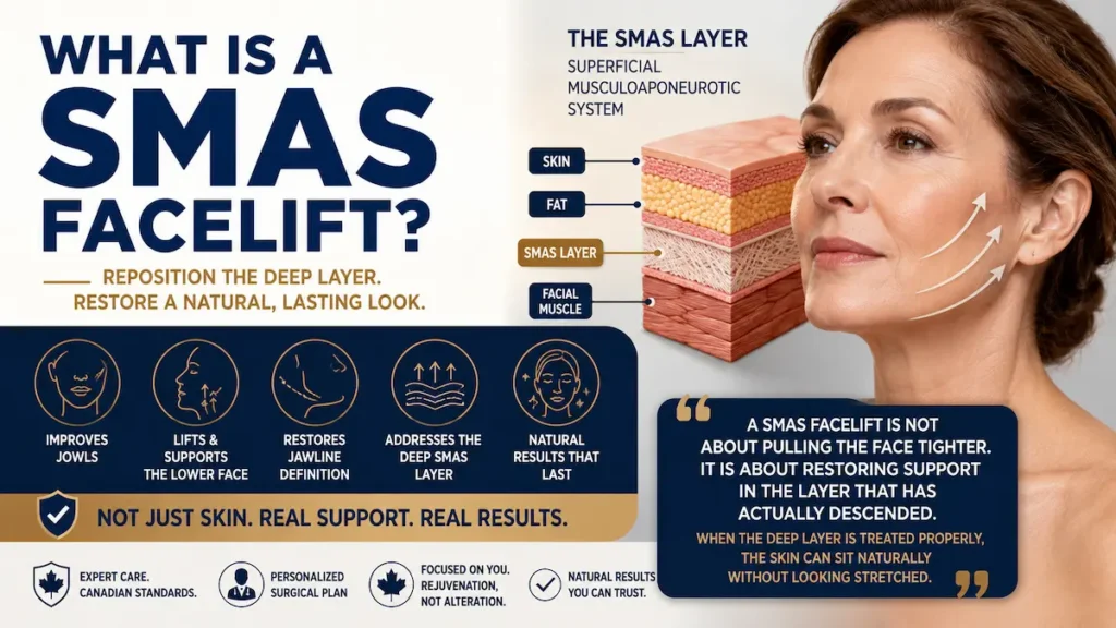 SMAS facelift infographic showing the SMAS layer, skin, fat, facial muscle, and natural lower-face lift support.