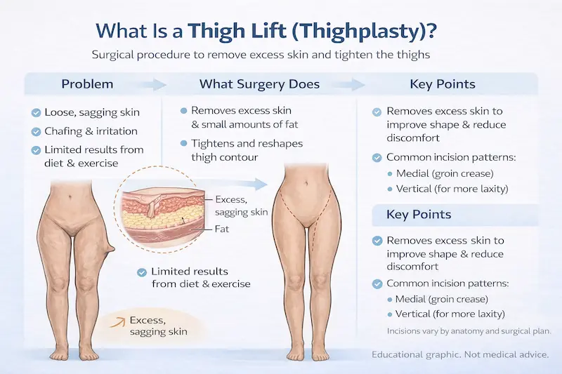 What Is a Thigh Lift (Thighplasty)? Educational infographic explaining excess skin removal, incision patterns, and key points.